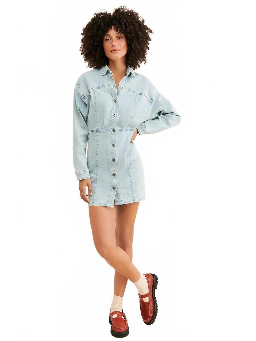 Free People Amber Denim Mini Dress button front cinched waist Size 10 #1279
